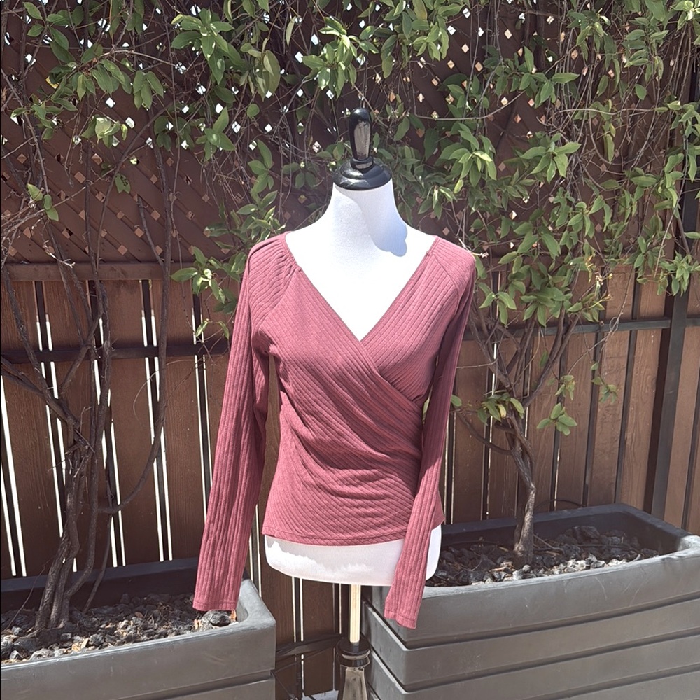 GAP Burgendy Wrap Fitted Long Sleeve Blouse